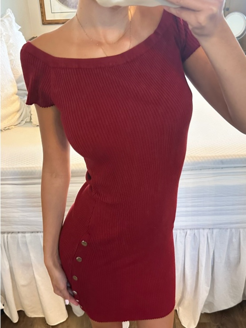Guess Ribbed Off-Shoulder Bodycon Dress in Burgundy